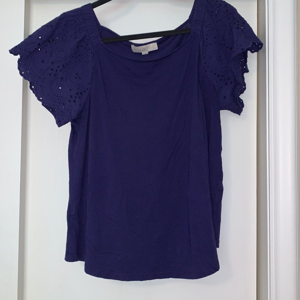 LOFT navy tee with embroidered cap sleeves